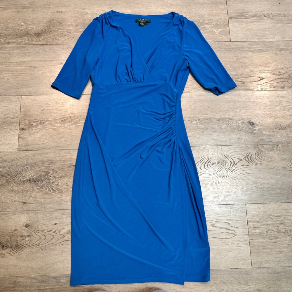 Lauren Ralph Lauren Dress Sheath Ruched Cocktail Party Blue‎ Size 8 Medium
